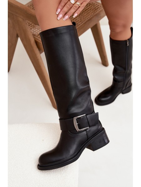 Insulated Women's Boots on Block Heel with Buckle Black Raphaela