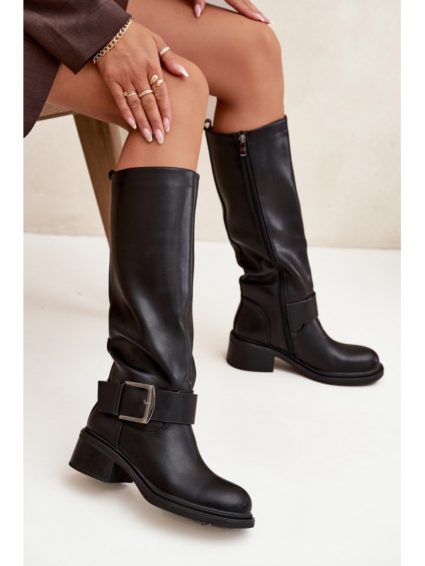 Insulated Women's Boots on Block Heel with Buckle Black Raphaela