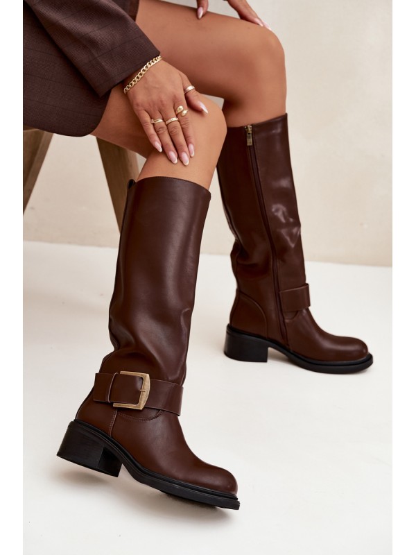 Insulated Women's Block Heeled Boots with Buckle Chocolate Raphaela