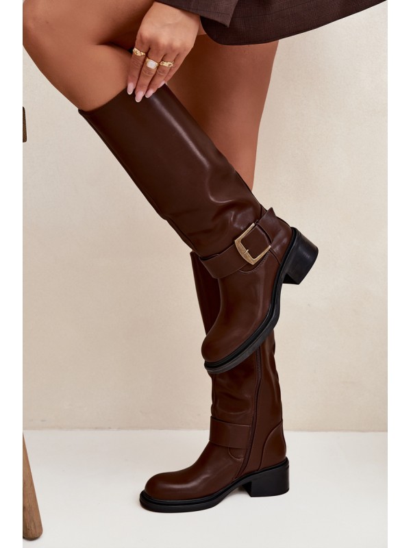 Insulated Women's Block Heeled Boots with Buckle Chocolate Raphaela