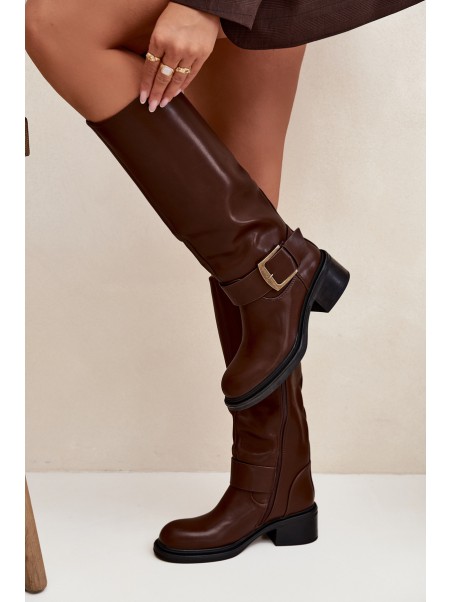 Insulated Women's Block Heeled Boots with Buckle Chocolate Raphaela