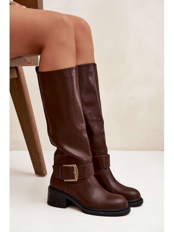 Insulated Women's Block Heeled Boots with Buckle Chocolate Raphaela