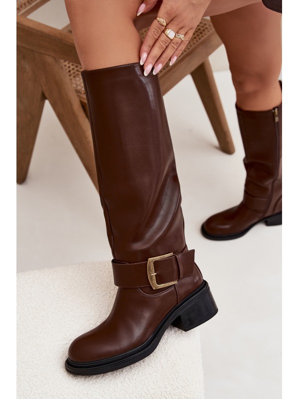 Insulated Women's Block Heeled Boots with Buckle Chocolate Raphaela