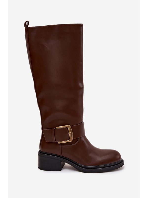 Insulated Women's Block Heeled Boots with Buckle Chocolate Raphaela