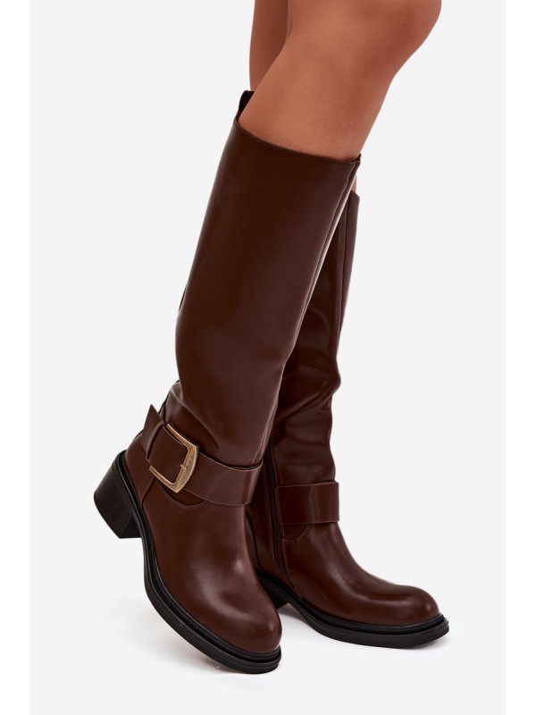 Insulated Women's Block Heeled Boots with Buckle Chocolate Raphaela