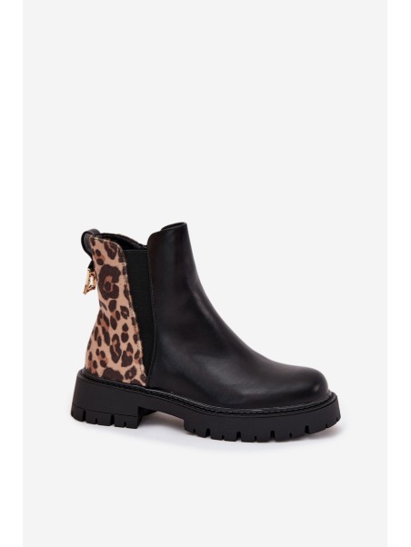 Insulated women's ankle boots with gold detail leopard pattern black Calista