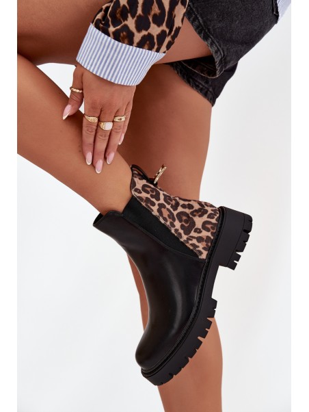 Insulated women's ankle boots with gold detail leopard pattern black Calista
