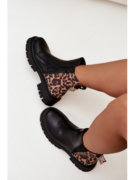 Insulated women's ankle boots with gold detail leopard pattern black Calista