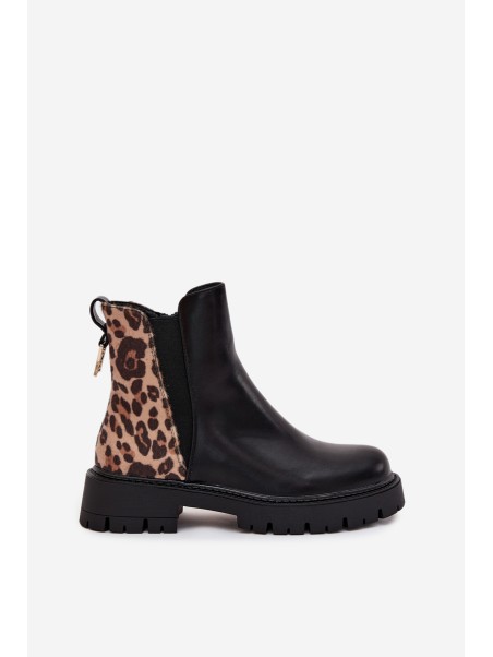Insulated women's ankle boots with gold detail leopard pattern black Calista