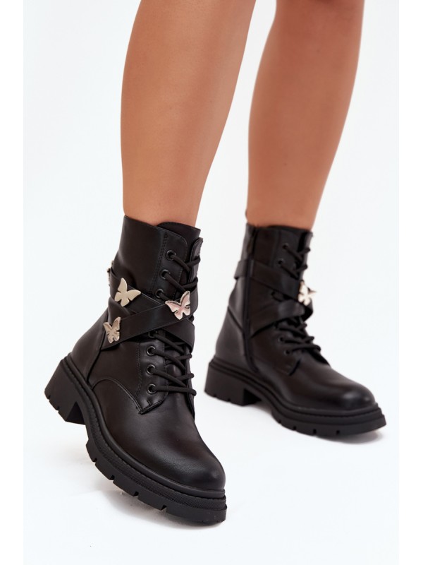 Insulated work boots with strap and silver buckles Black Kaelina