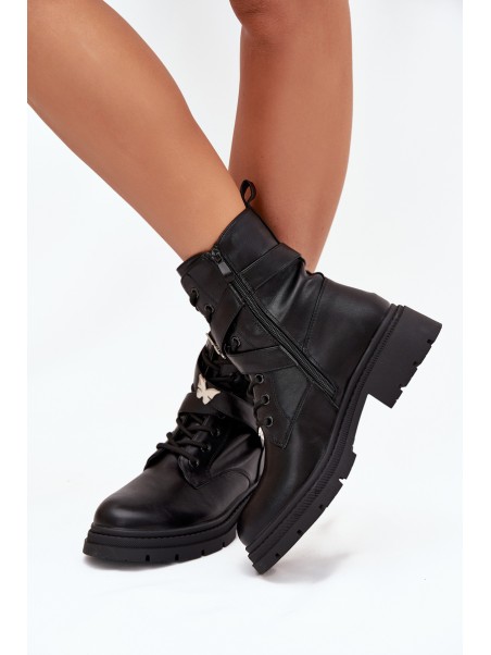 Insulated work boots with strap and silver buckles Black Kaelina