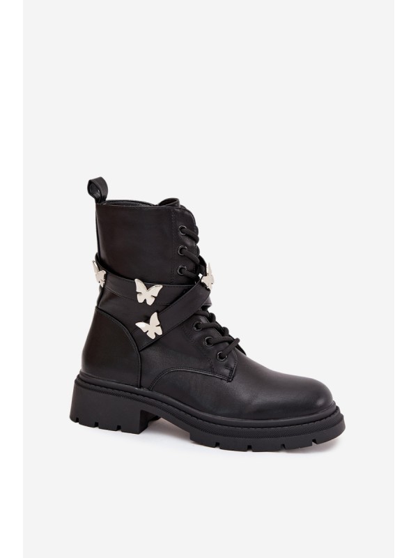Insulated work boots with strap and silver buckles Black Kaelina
