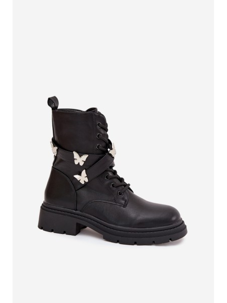 Insulated work boots with strap and silver buckles Black Kaelina
