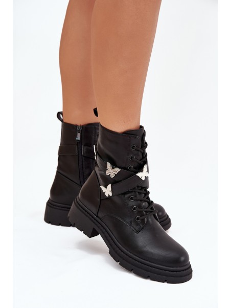 Insulated work boots with strap and silver buckles Black Kaelina