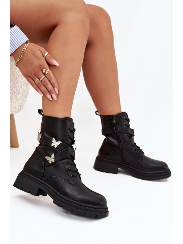 Insulated work boots with strap and silver buckles Black Kaelina
