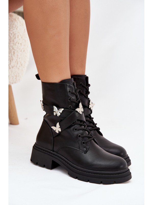 Insulated work boots with strap and silver buckles Black Kaelina