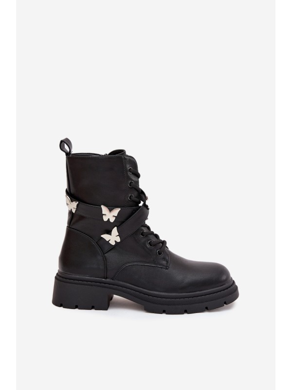 Insulated work boots with strap and silver buckles Black Kaelina