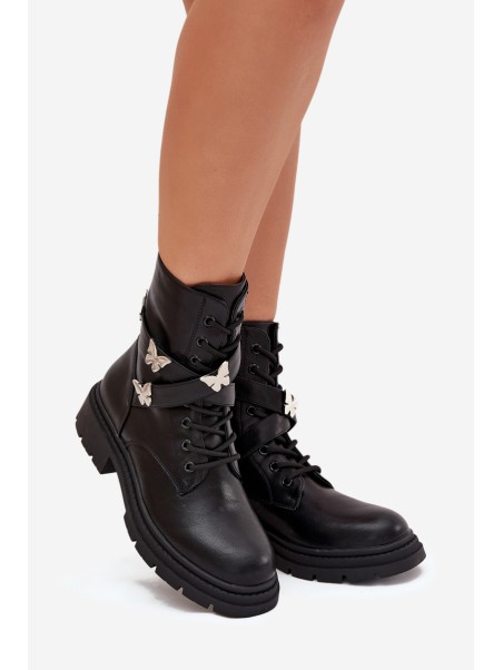 Insulated work boots with strap and silver buckles Black Kaelina