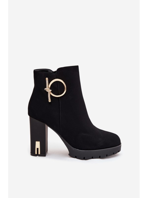Women's insulated ankle boots on heel with gold decoration Black Ysolde
