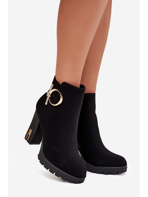 Women's insulated ankle boots on heel with gold decoration Black Ysolde