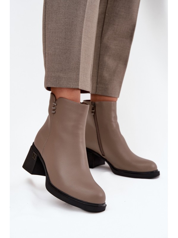 Leather Insulated Women's Ankle Boots on Block Vinceza 91159 Dark Beige