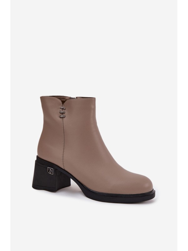 Leather Insulated Women's Ankle Boots on Block Vinceza 91159 Dark Beige