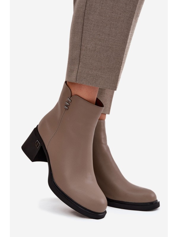 Leather Insulated Women's Ankle Boots on Block Vinceza 91159 Dark Beige