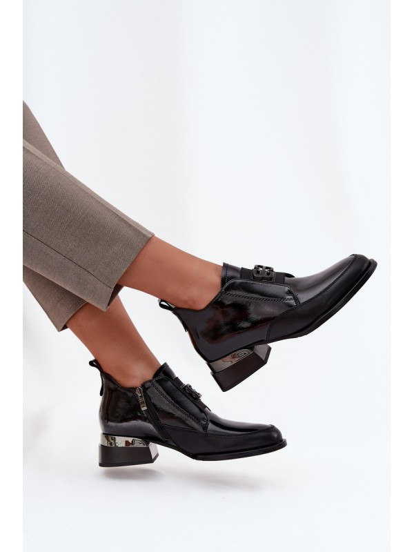 Patent Leather Leather Women's Shoes Low Heel With Decorative Detail Vinceza 91161 Black
