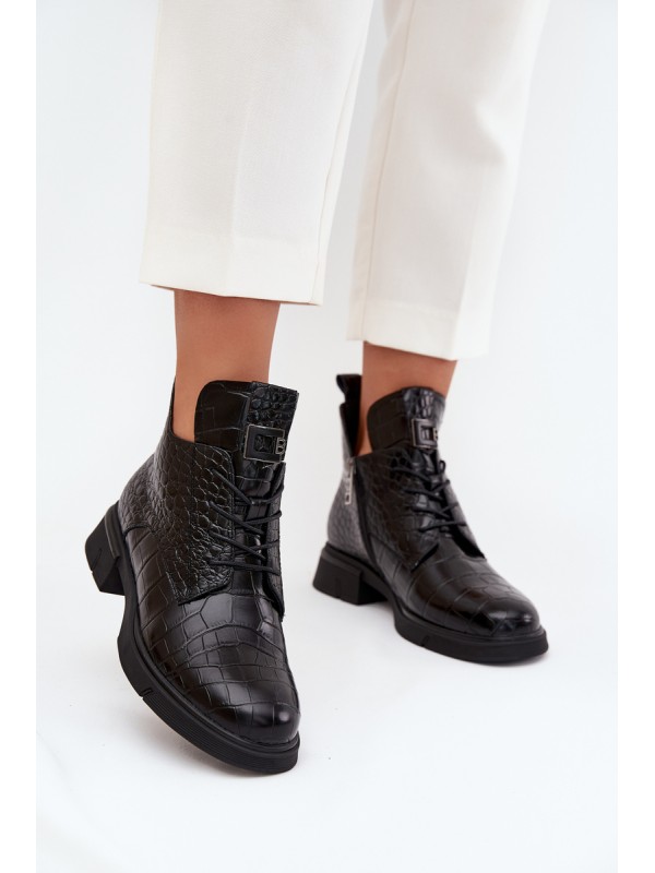 Leather Ankle Boots with Decorative Embossing Insulated Vinceza 66815 Black