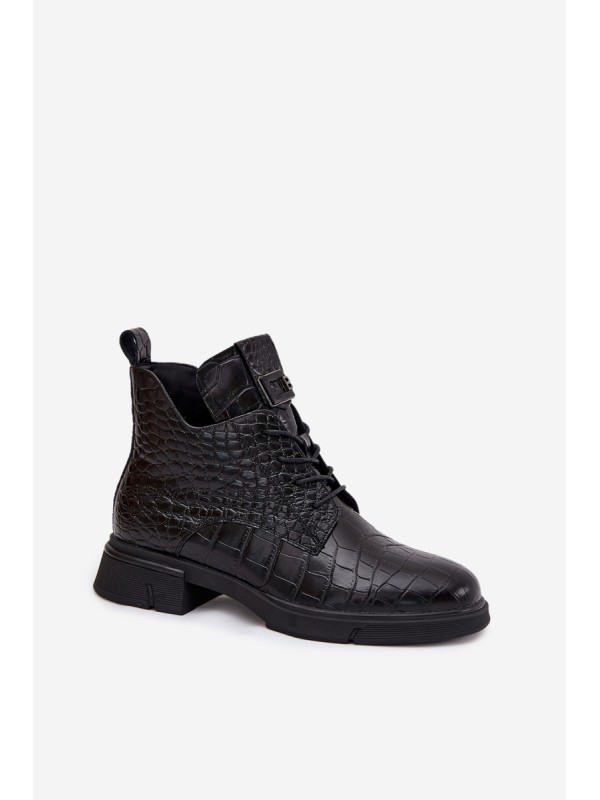 Leather Ankle Boots with Decorative Embossing Insulated Vinceza 66815 Black