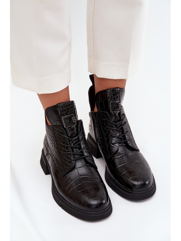 Leather Ankle Boots with Decorative Embossing Insulated Vinceza 66815 Black