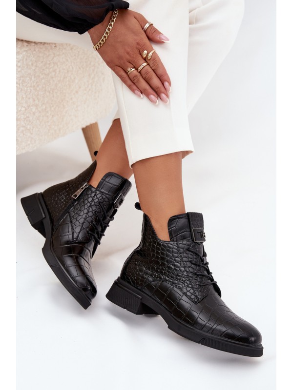 Leather Ankle Boots with Decorative Embossing Insulated Vinceza 66815 Black