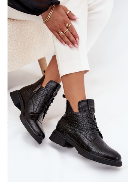 Leather Ankle Boots with Decorative Embossing Insulated Vinceza 66815 Black