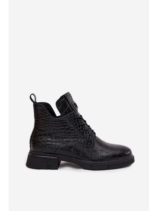 Leather Ankle Boots with Decorative Embossing Insulated Vinceza 66815 Black
