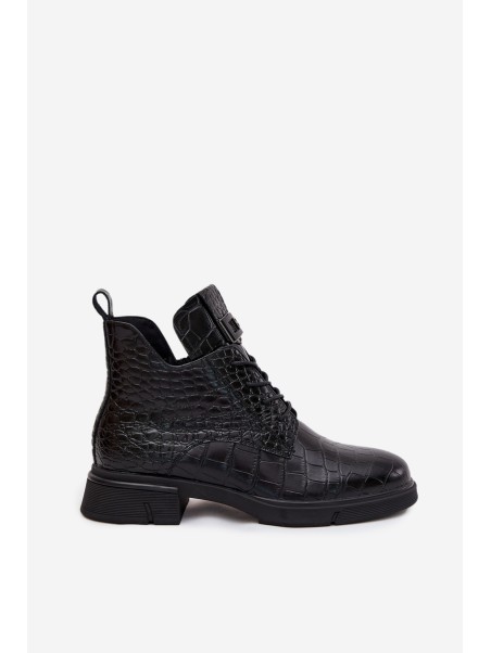 Leather Ankle Boots with Decorative Embossing Insulated Vinceza 66815 Black