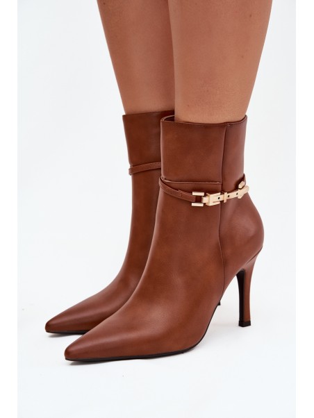 Women's heeled ankle boots with strap and gold element insulated Camel Bellisse