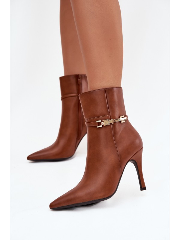Women's heeled ankle boots with strap and gold element insulated Camel Bellisse 2