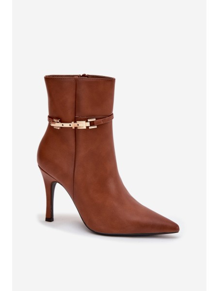 Women's heeled ankle boots with strap and gold element insulated Camel Bellisse