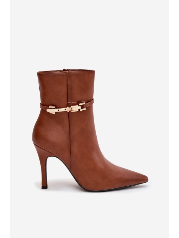 Women's heeled ankle boots with strap and gold element insulated Camel Bellisse