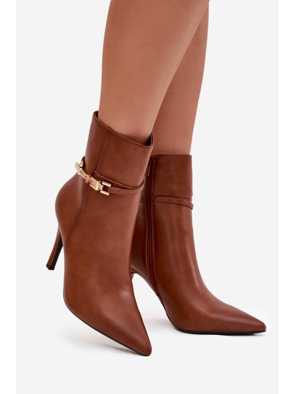 Women's heeled ankle boots with strap and gold element insulated Camel Bellisse