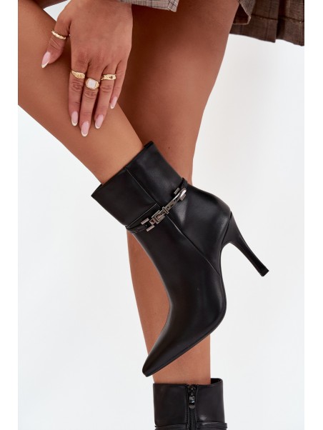 Women's ankle boots on heel with strap and silver element heated black Bellisse