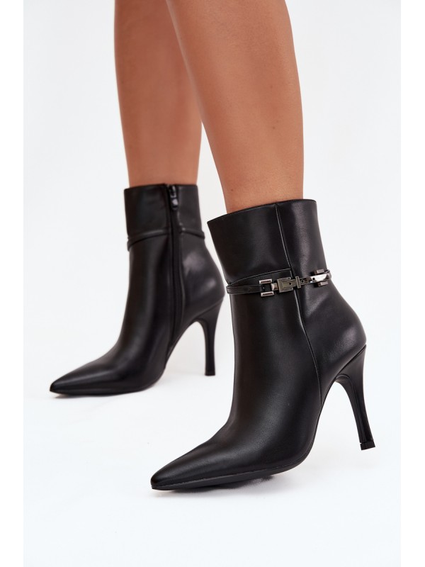 Women's ankle boots on heel with strap and silver element heated black Bellisse