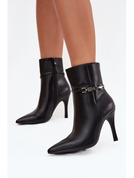 Women's ankle boots on heel with strap and silver element heated black Bellisse