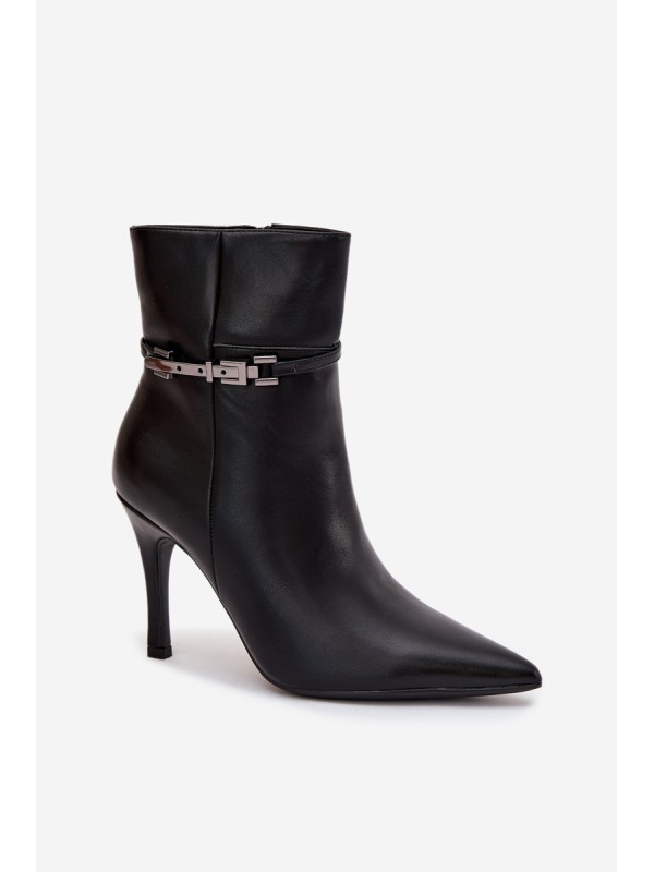 Women's ankle boots on heel with strap and silver element heated black Bellisse