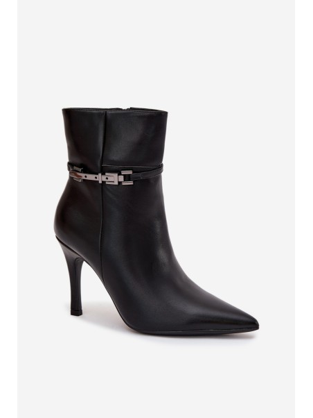 Women's ankle boots on heel with strap and silver element heated black Bellisse