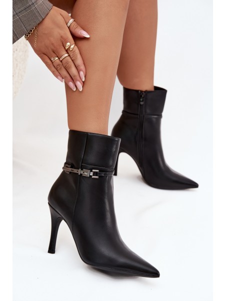 Women's ankle boots on heel with strap and silver element heated black Bellisse