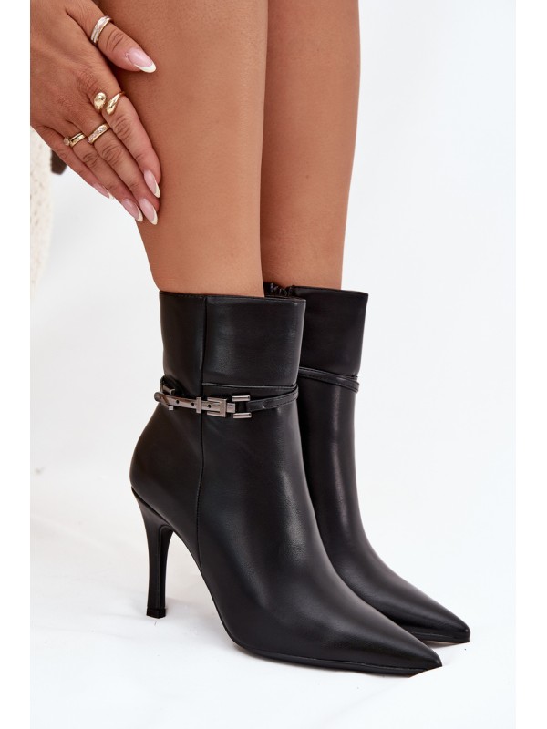 Women's ankle boots on heel with strap and silver element heated black Bellisse