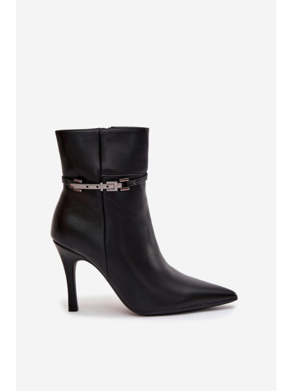 Women's ankle boots on heel with strap and silver element heated black Bellisse
