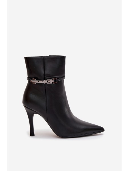 Women's ankle boots on heel with strap and silver element heated black Bellisse