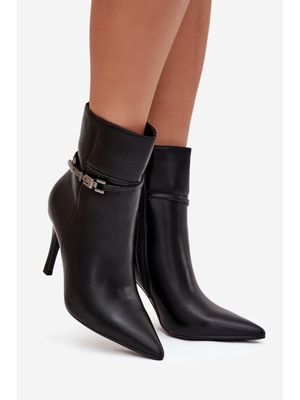 Women's ankle boots on heel with strap and silver element heated black Bellisse
